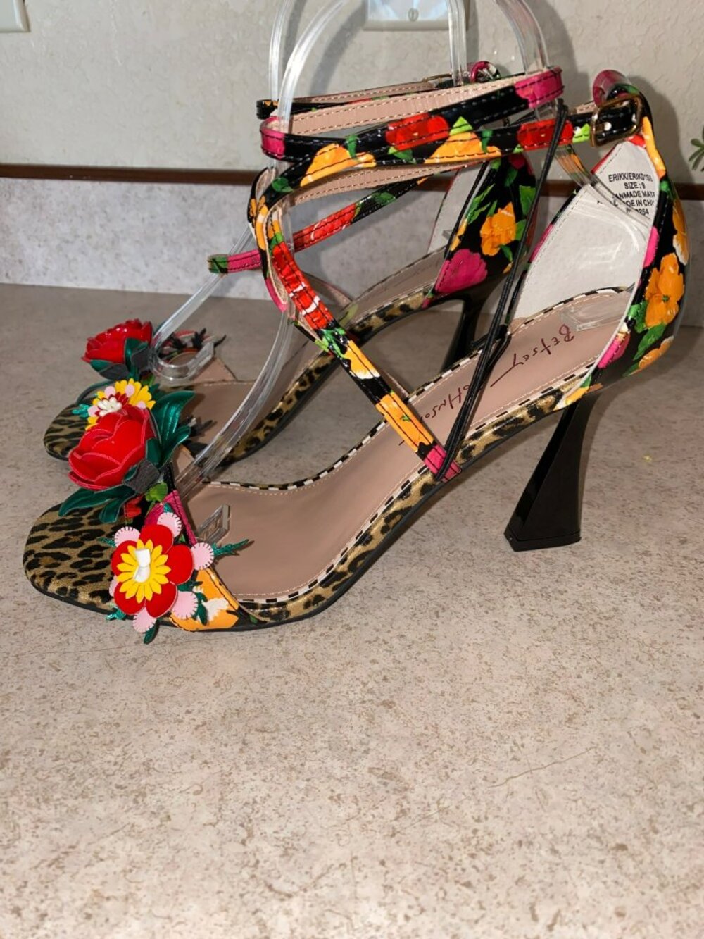 Betsey Johnson Floral Leopard Print Strappy Heels Size 9 - Picture 10 of 13